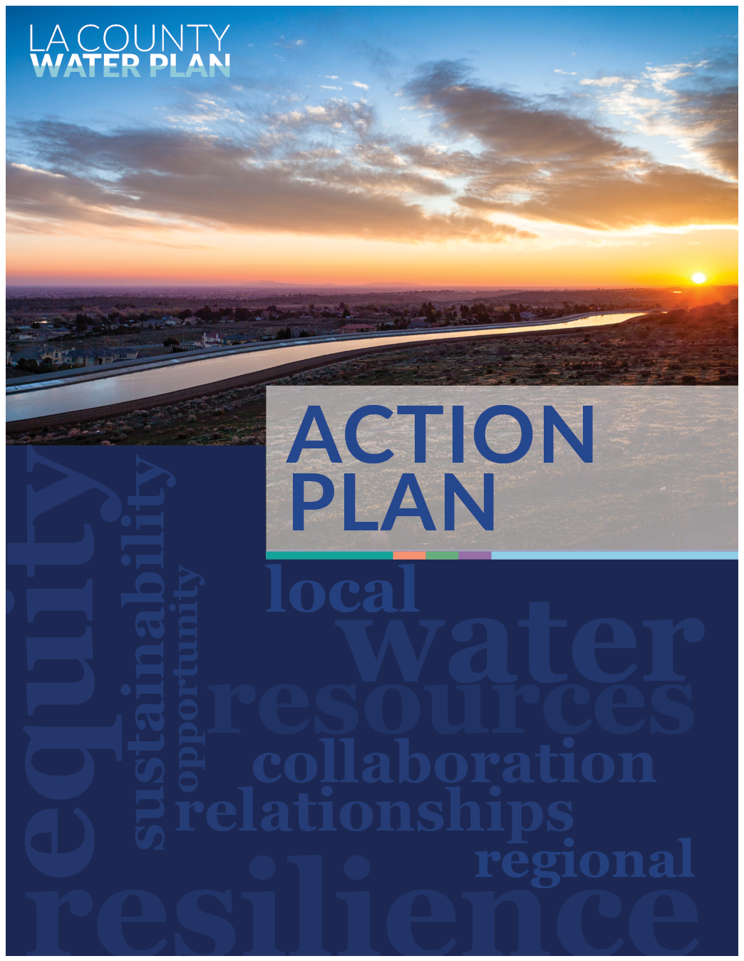 Thumbnail of the LA County Water Plan Action Plan.  The top half of the cover has a picture of a sunset a canal and the LA County Water Plan logo in the top left corner. The bottom half of the cover has words that describe the LA County Water Plan.   